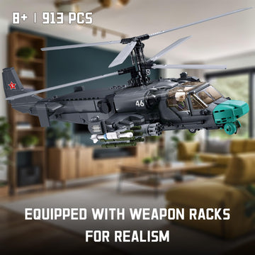 Tarcury Kamov Ka-52 Scout Attack Helicopter Building Toy - Army Set With 913 Pcs, 1:30 Scale, Includes 2 Toy Soldiers - Fun For