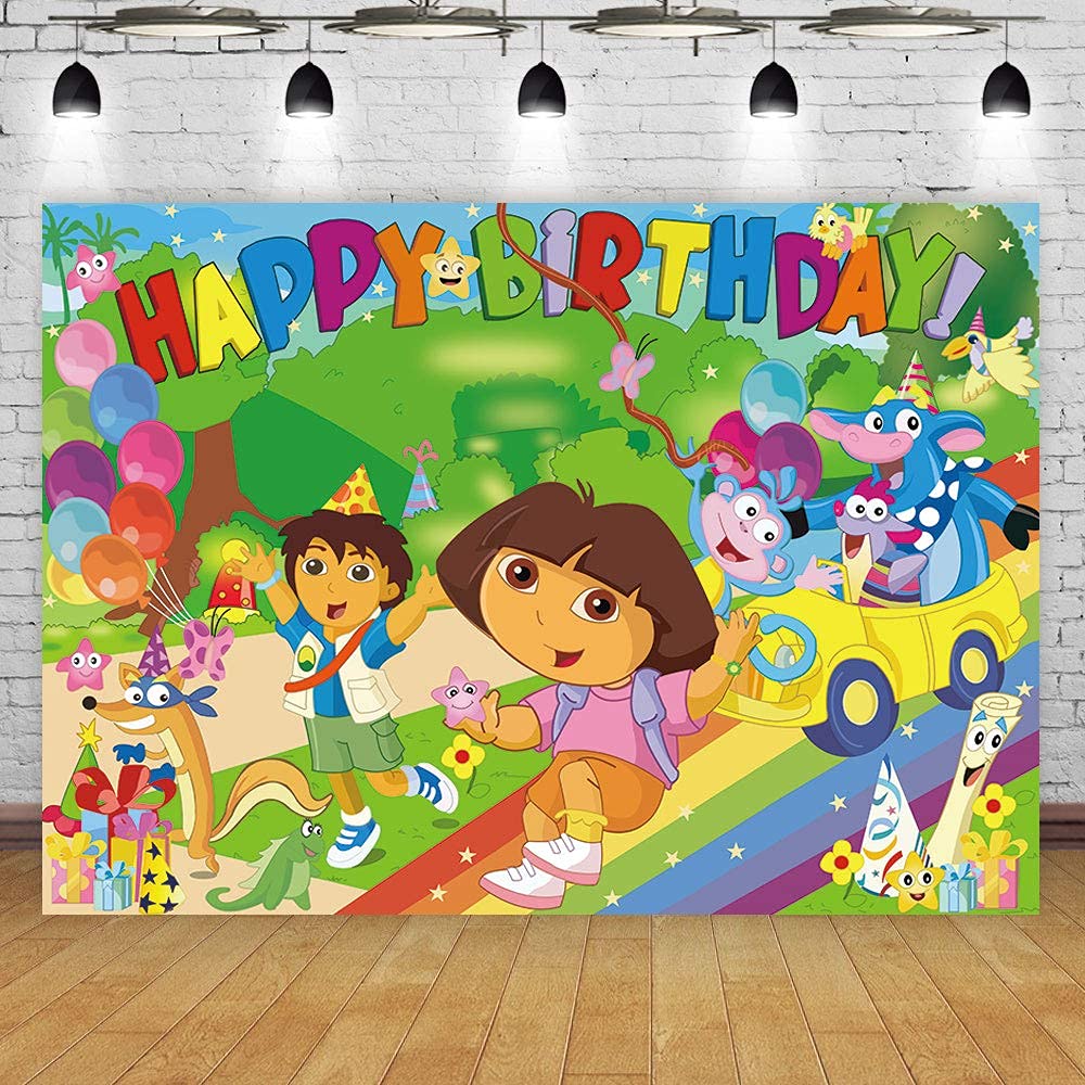 Maijoeyy Explorer Cartoon Theme Birthday Party Backdrop, 7x5ft Vinyl, Random Color, Model BY-201904023-D-XZ