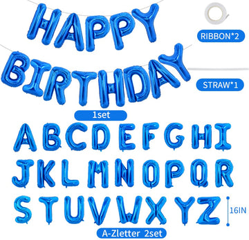 Toniful 65 Pcs 16 Inch Blue Happy Birthday Balloons And 2 Sets A-Z Foil Letters Balloons Diy Personalized Phrase Banner For Birt