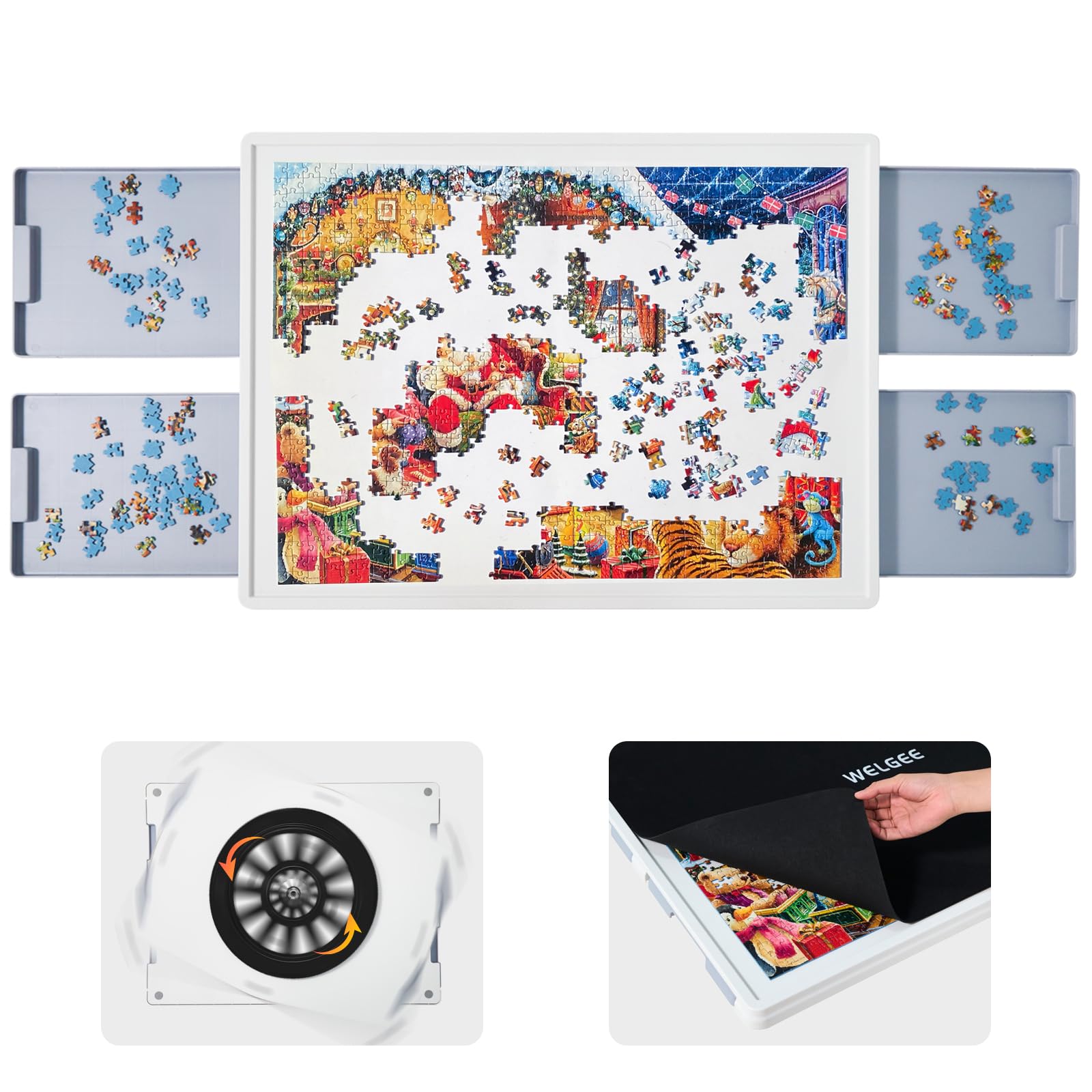 Welgee Rotating Puzzle Board With Drawers 1000 Pieces,Upgraded Lazy Susan Spinning Jigsaw Puzzle Organizer Table (31''X 23'') Wi