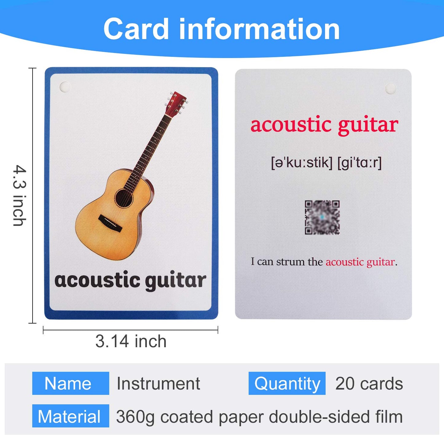 20PCS/Set Instrument Kids Gifts English Flash Cards Pocket Card Educational Learning Baby Toys for Children Pre-Kindergarten