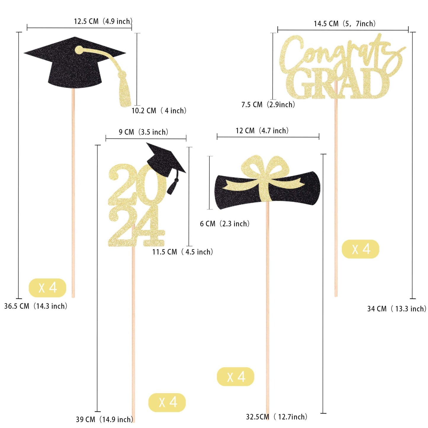 Gexolenu 16 Pcs Gold And Black Double-Sided 2024 Graduation Centerpieces For Tables, 2024 Table Toppers Party Centerpiece Sticks