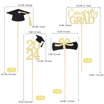 Gexolenu 16 Pcs Gold And Black Double-Sided 2024 Graduation Centerpieces For Tables, 2024 Table Toppers Party Centerpiece Sticks
