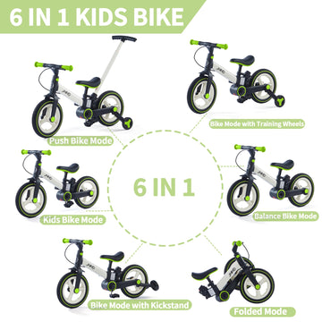 JMMD Toddler Bike with Push Handle, 6-in-1 Foldable, Training Wheels, Brakes, Green, for Kids 18-60 Months, Perfect Gift for Boys & Girls