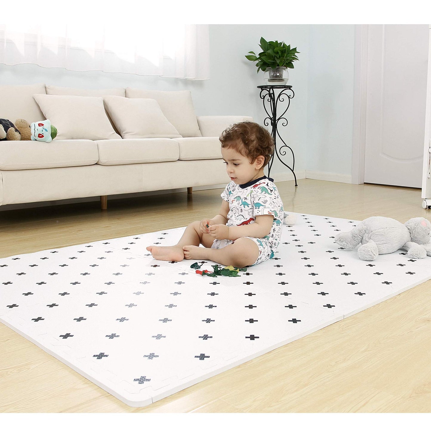 TCBunny Extra Large Baby Foam Play Mat - 4FT x 6FT Non-Toxic EVA Puzzle Mat (White with Black Cross) - Model jrcb-109