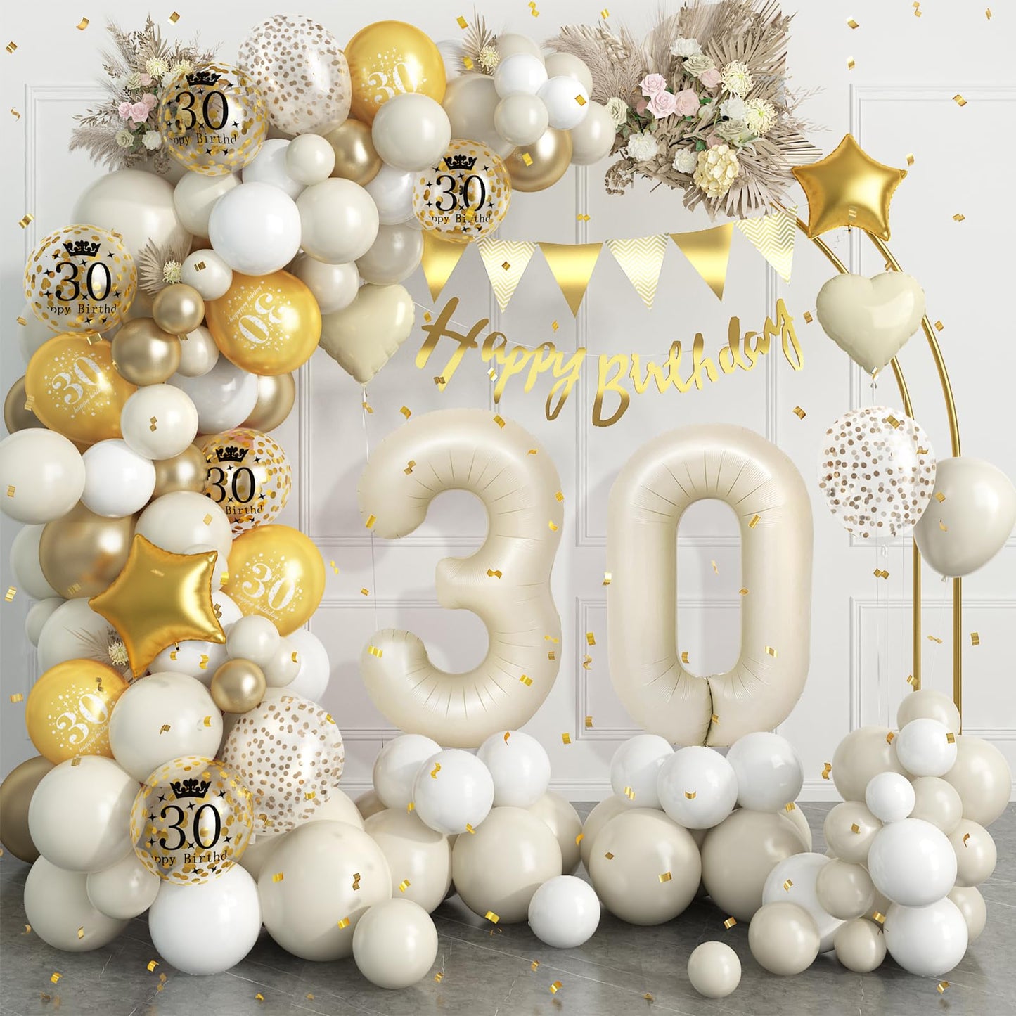 30Th Birthday Decorations Sand White Gold,30Th Birthday Balloon Arch Garland Kit With Happy 30Th Birthday Number 30 Foil Balloon
