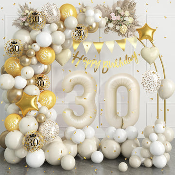 30Th Birthday Decorations Sand White Gold,30Th Birthday Balloon Arch Garland Kit With Happy 30Th Birthday Number 30 Foil Balloon