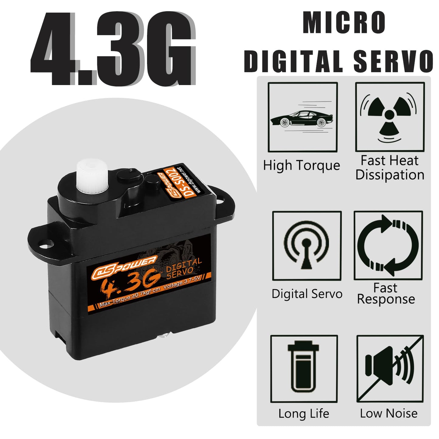 Dspower 2Pcs 4.3G Mini Servo, Rc Micro Digital Servo Motor Metal Gear Coreless Steering Servos For Fixed-Wing Helicopter Airplan