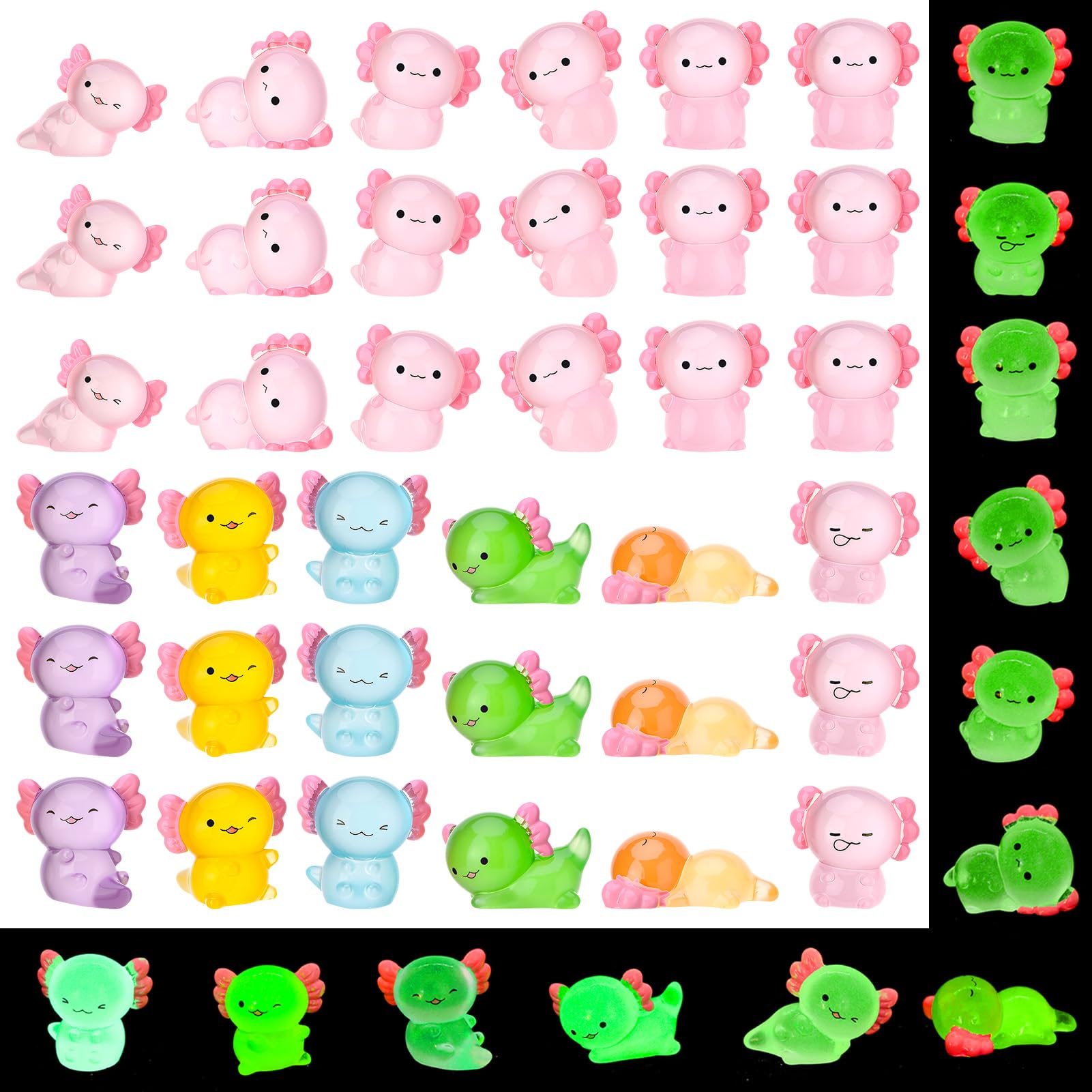 GGSTDDUP 36 Pcs Luminous Mini Resin Axolotls  Tiny Axolotl Miniature Figures Glow in The Dark Axolotl Charm Ornament for DIY Fairy Garden Dollhouse Landscape Aquarium (12 Styles)