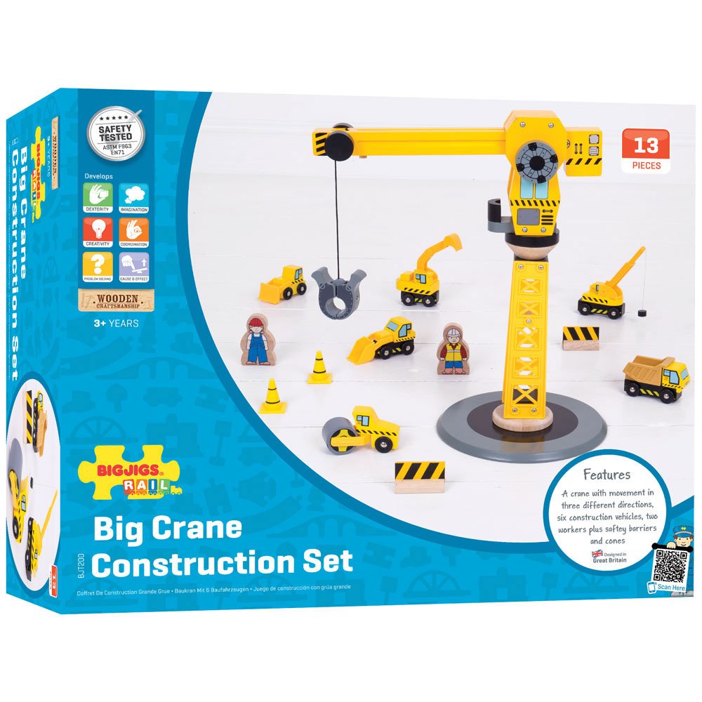 Bigjigs Rail Big Yellow Wooden Crane Construction Play Set With Vehicles & Accessories