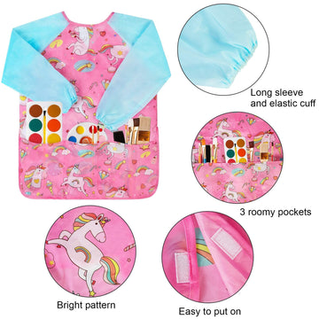 Bassion 2 Pack Smocks For Kids, Toddler Art Smock Artist Painting Aprons Waterproof Long Sleeve With 3 Pockets For Age 2-6 Years