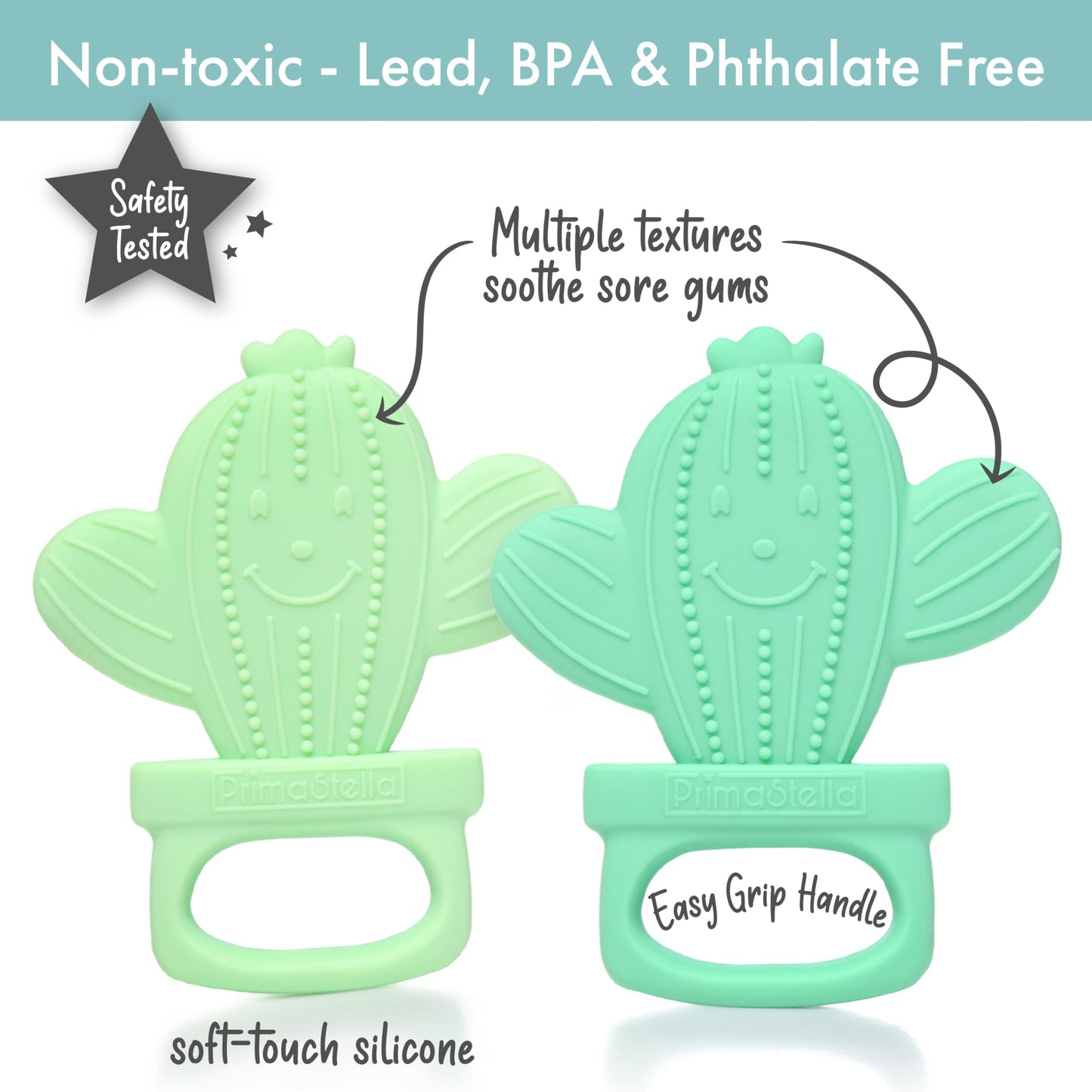 Primastella Silicone Cactus Teethers For Infants, Babies And Toddlers - Safety Tested - Bpa Free - Cute, Soothing, Easy To Hold - Baby Teether Toy Set Of 2 - Green & Neo Mint