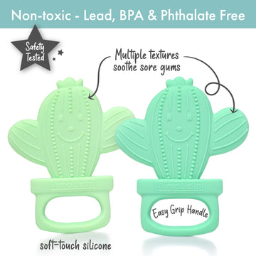 Primastella Silicone Cactus Teethers For Infants, Babies And Toddlers - Safety Tested - Bpa Free - Cute, Soothing, Easy To Hold - Baby Teether Toy Set Of 2 - Green & Neo Mint