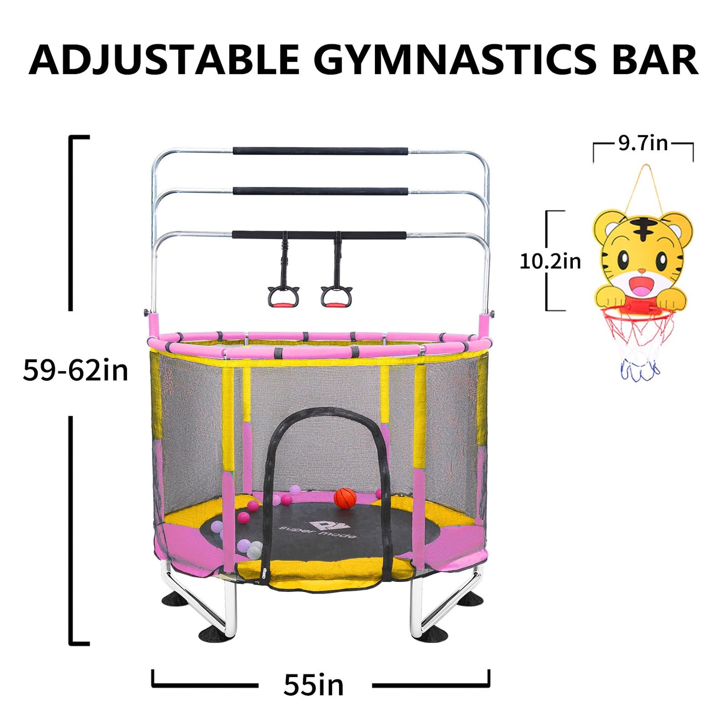 Trampoline For Kids, 5Ft Adjustable For Toddler, Indoor/Outdoor Baby Trampoline With Enclosure Net, No-Gap Safe Design, Gifts Fo