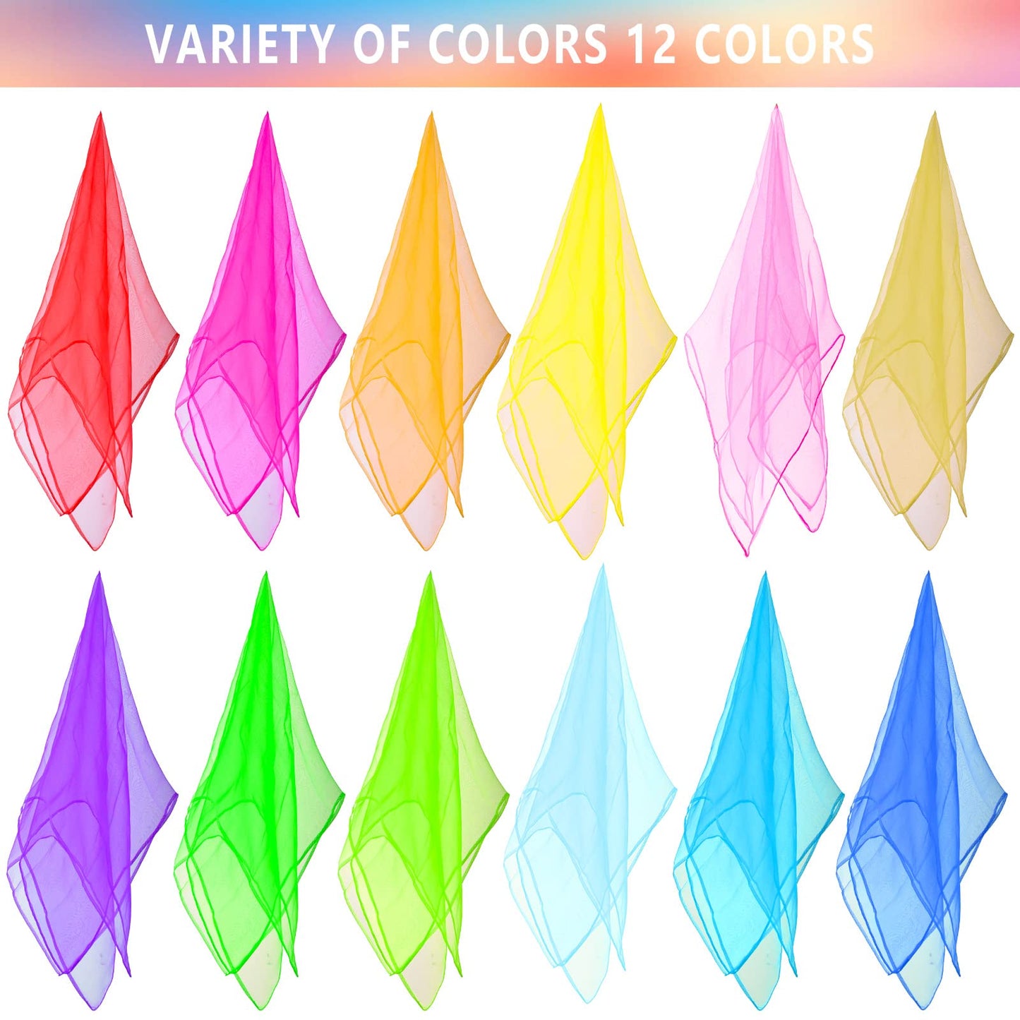 Blovec 12pcs Square Dance Scarves - 24x24 Inch Silk Props in 12 Colors, Perfect for Juggling and Music Movement Activities
