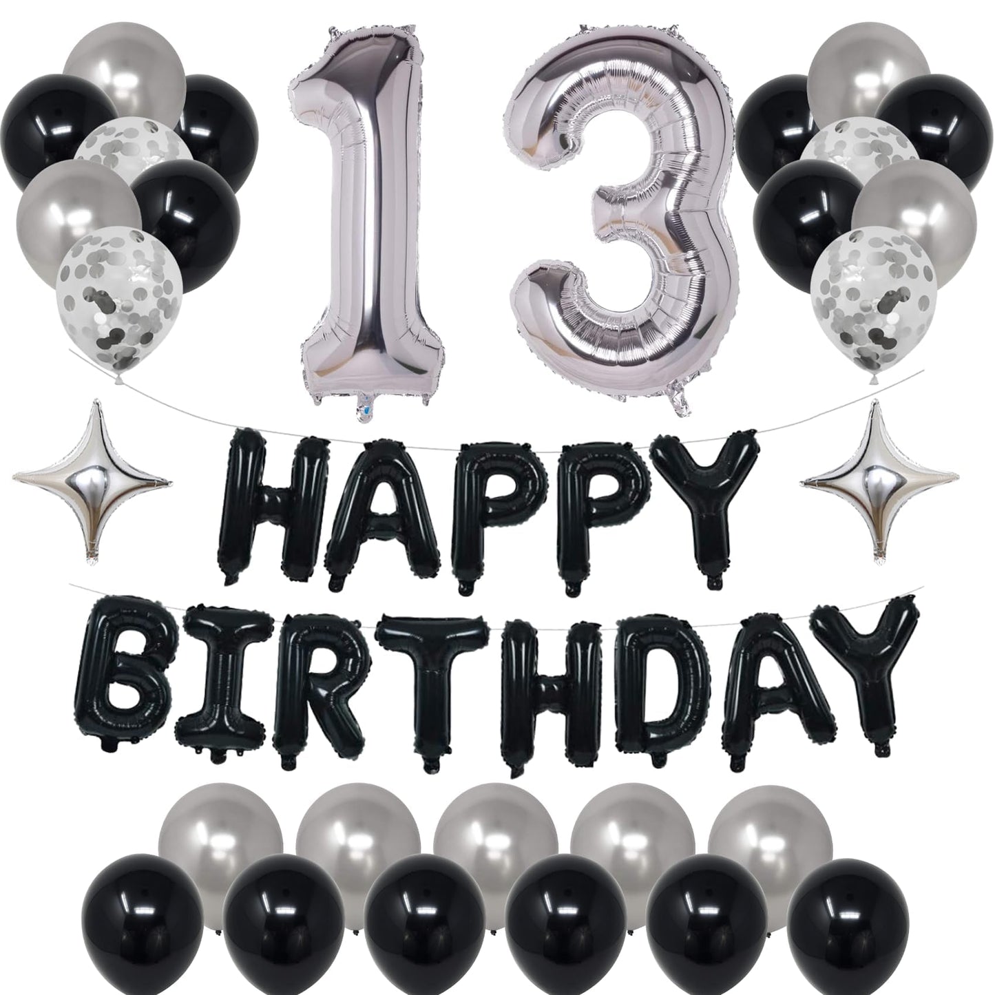 Naninuneno 13Th Black Silver Birthday Party Decorations For Boys Girls, Happy 13 Birthday Party Supplies With Black Happy Birthd