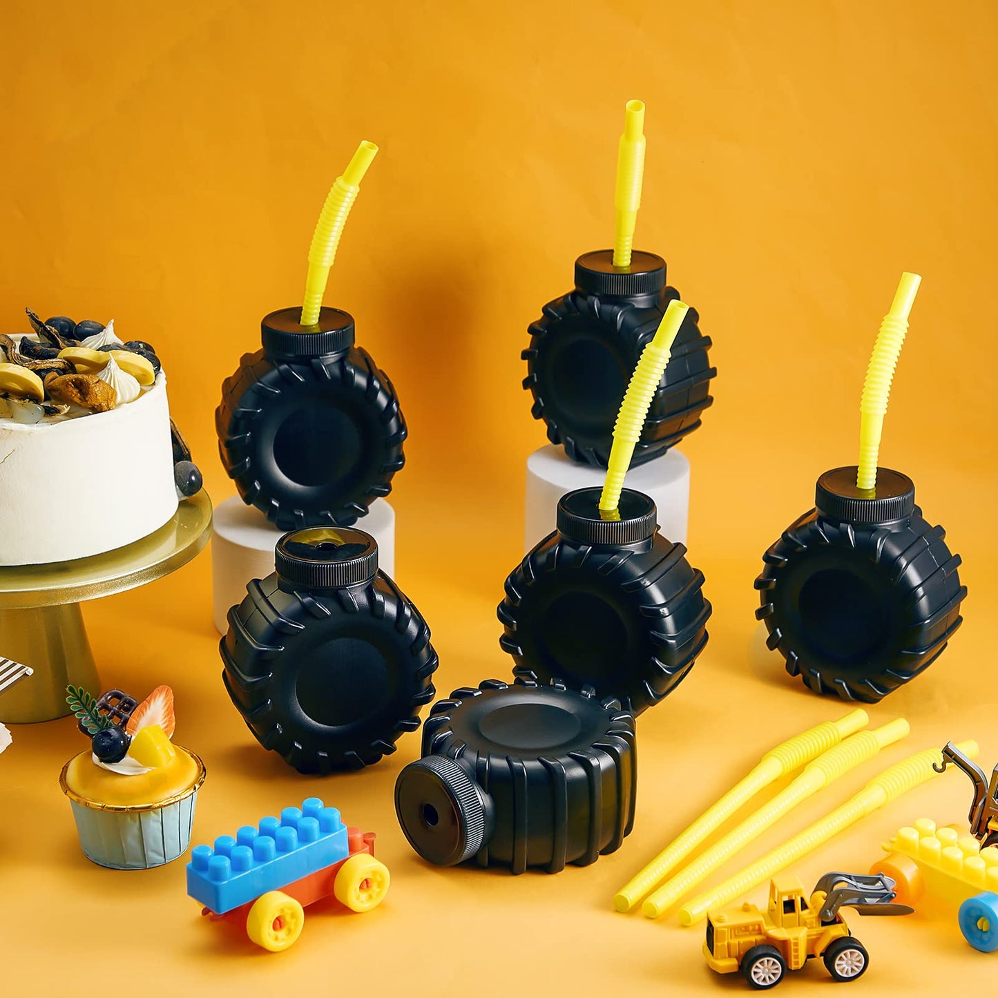 Amyhill 6 Pieces 12 Oz Construction Truck Cups Set Truck Construction Cups With Orange Straw Construction Birthday Party Supplie