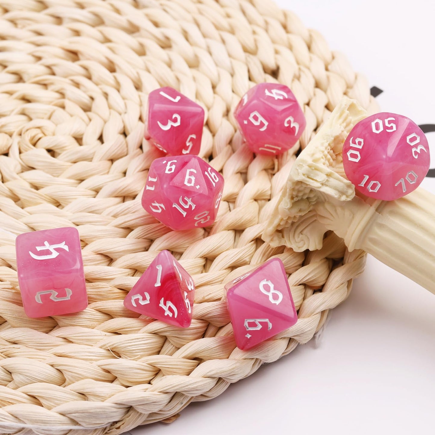 7PCS Polyhedral DND Dice, D&D Dice Set Filled with Pink and White Swirls for Role Playing Dice Games as DND RPG MTG Table Games