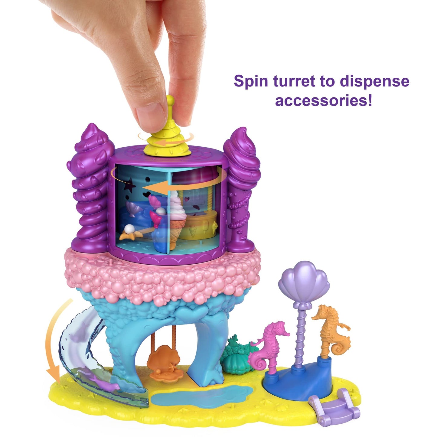 Polly Pocket Rainbow Funland Mermaid Cove Ride Playset, Polly & Mermaid Dolls, Accessories, Dispenser Feature For Surprises, Great Gift For Ages 4 & Up