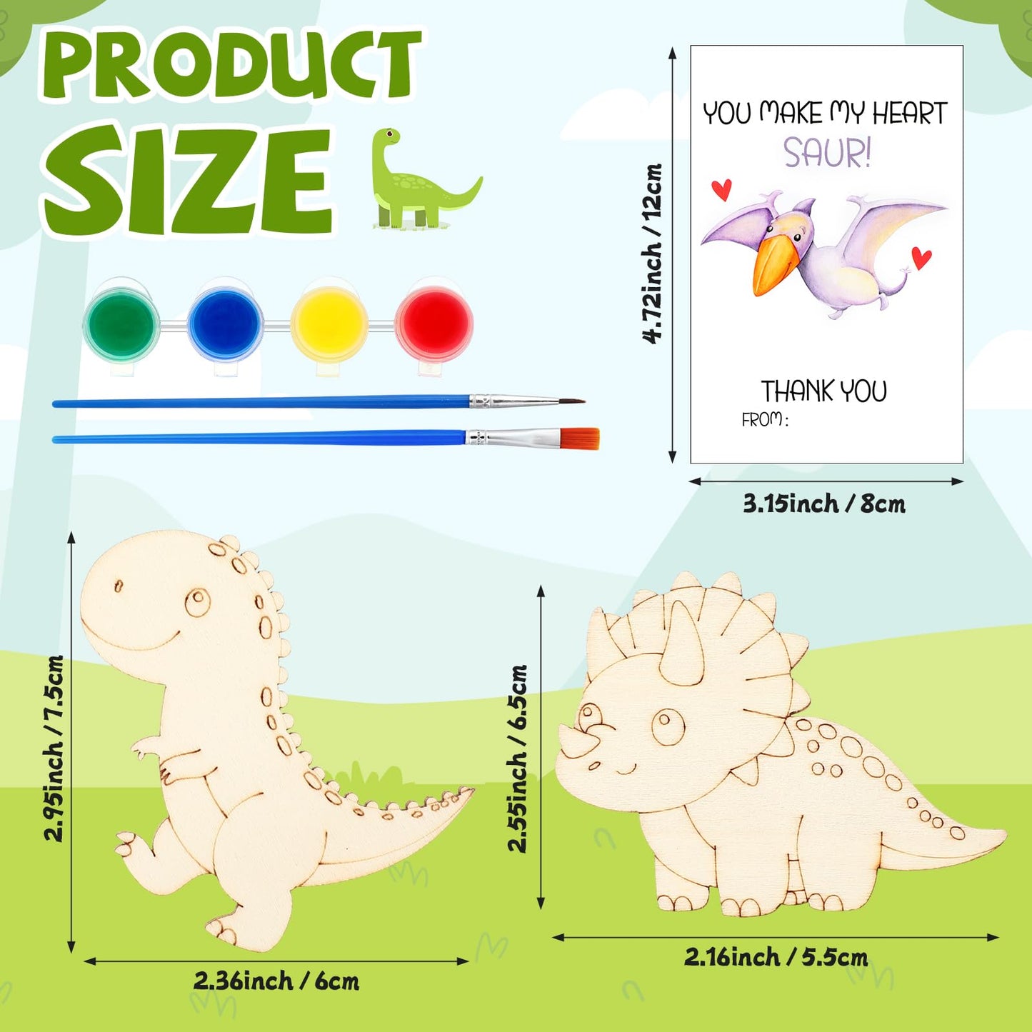 Leinuosen 28 Sets Dinosaur Party Favors Wood Painting Craft Kits with Art Supplies and Inspirational Cards Thank You for Coming
