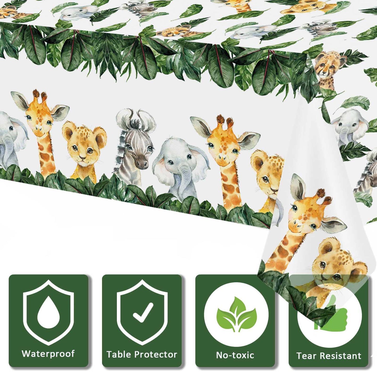 Yuzioey 3 Pack Jungle Safari Tablecloths Wild Animals Table Cover, Safari Baby Shower Decorations, 108' X 54' Wild One Birthday Party Supplies