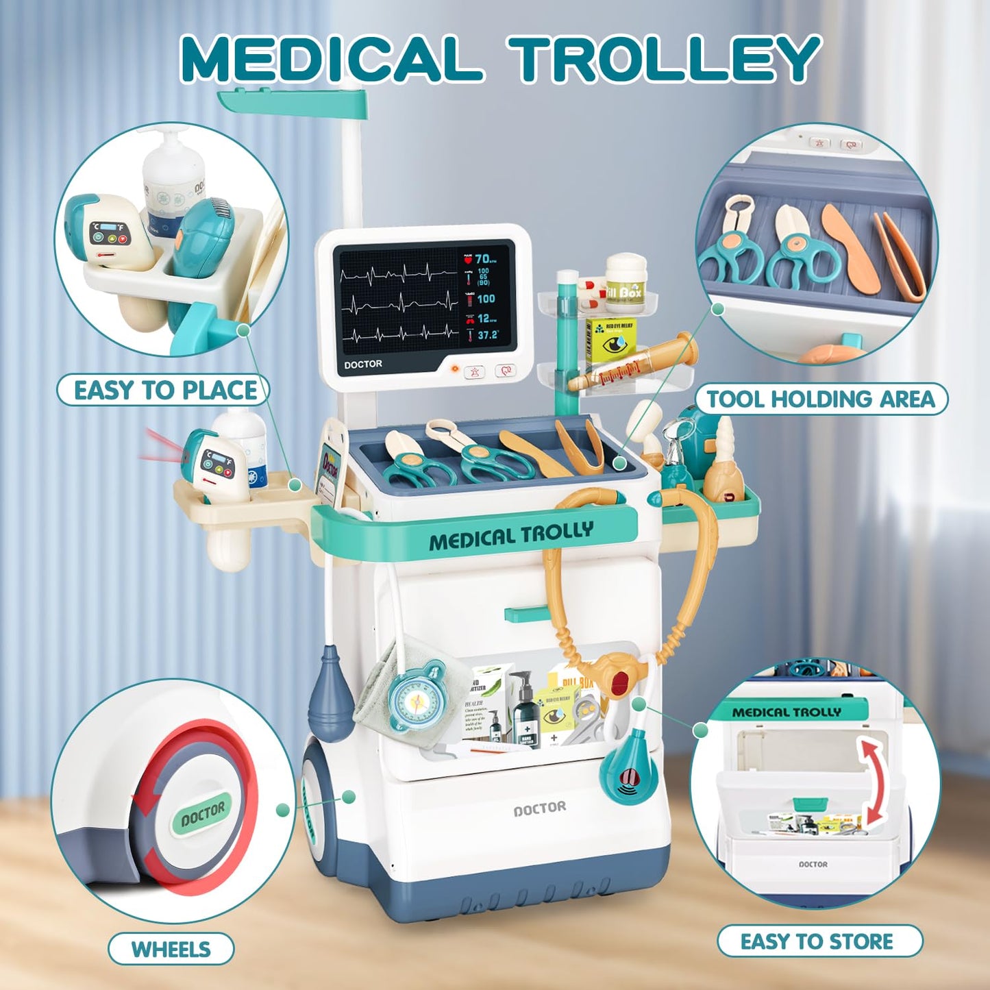 Sotodik Doctor Kit For Kids 28 Accessories Pretend Medical Station Set Mobile Cart With Lights,Thermometer, Stethoscope And Doct