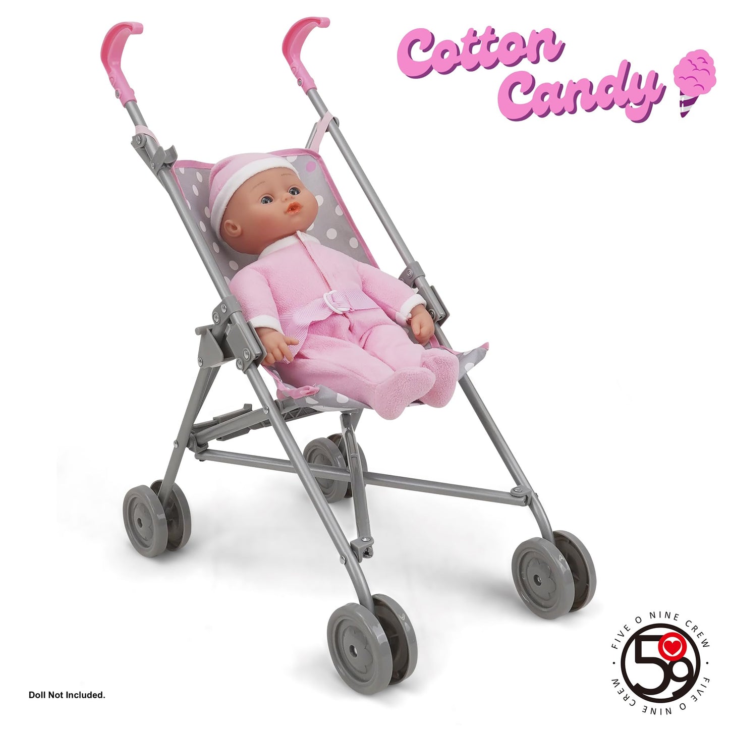 509 Crew: Cotton Candy Pink: Umbrella Doll Stroller - Pink, Grey, Polka Dot - For Dolls Up To 24'', Foldable, Kids Pretend Play,