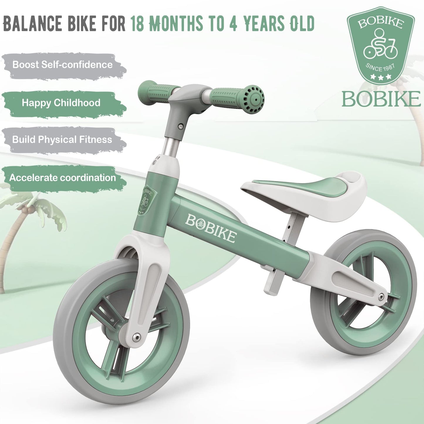 Bobike Toddler Balance Bike Toys For 1 To 6 Year Old Girls Boys Adjustable Seat And Handlebar No-Pedal Training Bike Best Gifts For Kids (Green)