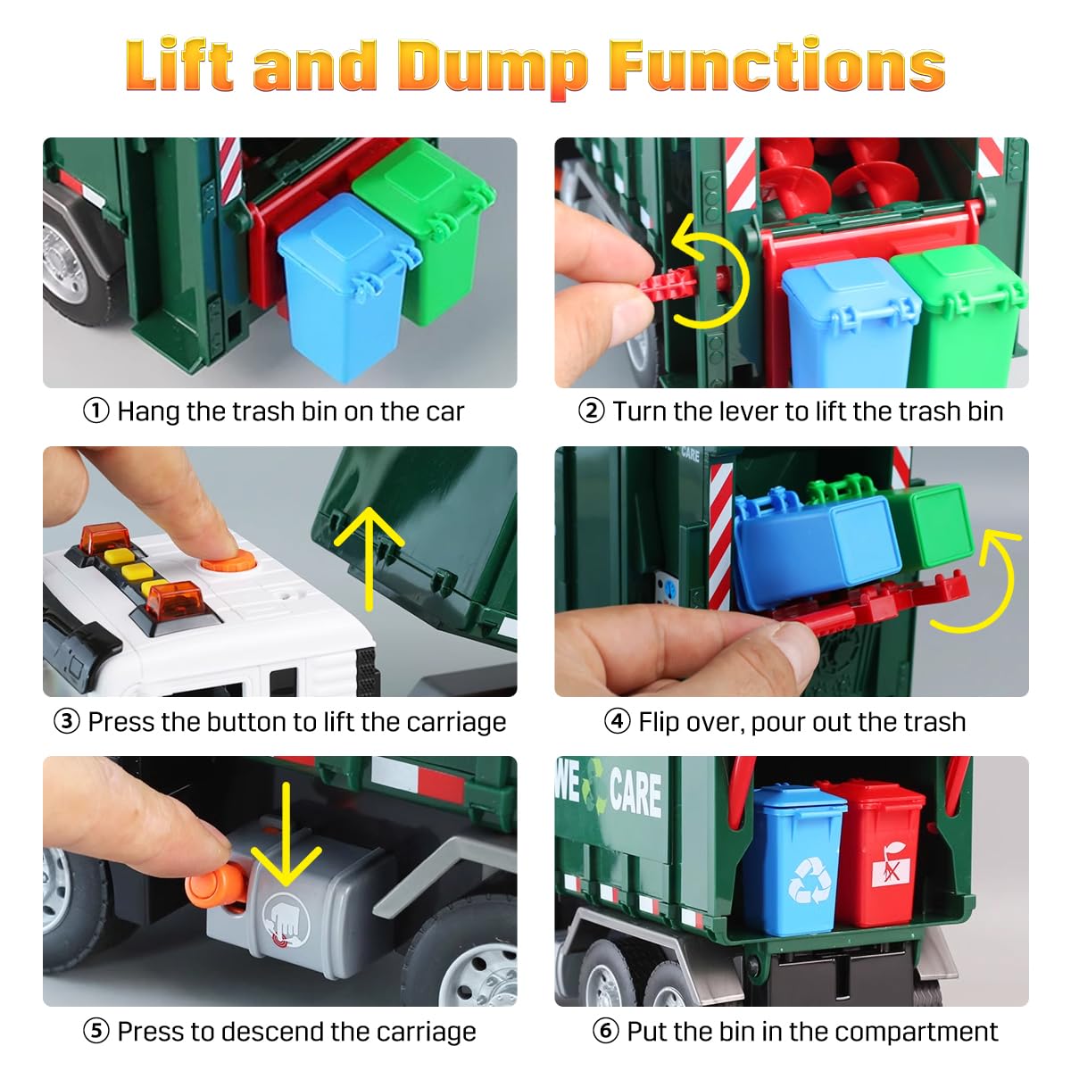 AXWATDEI Garbage Truck Toy - Large Friction Powered Trash Truck with Lights, Sounds, 4 Trash Bins, Green, Model WY1115A