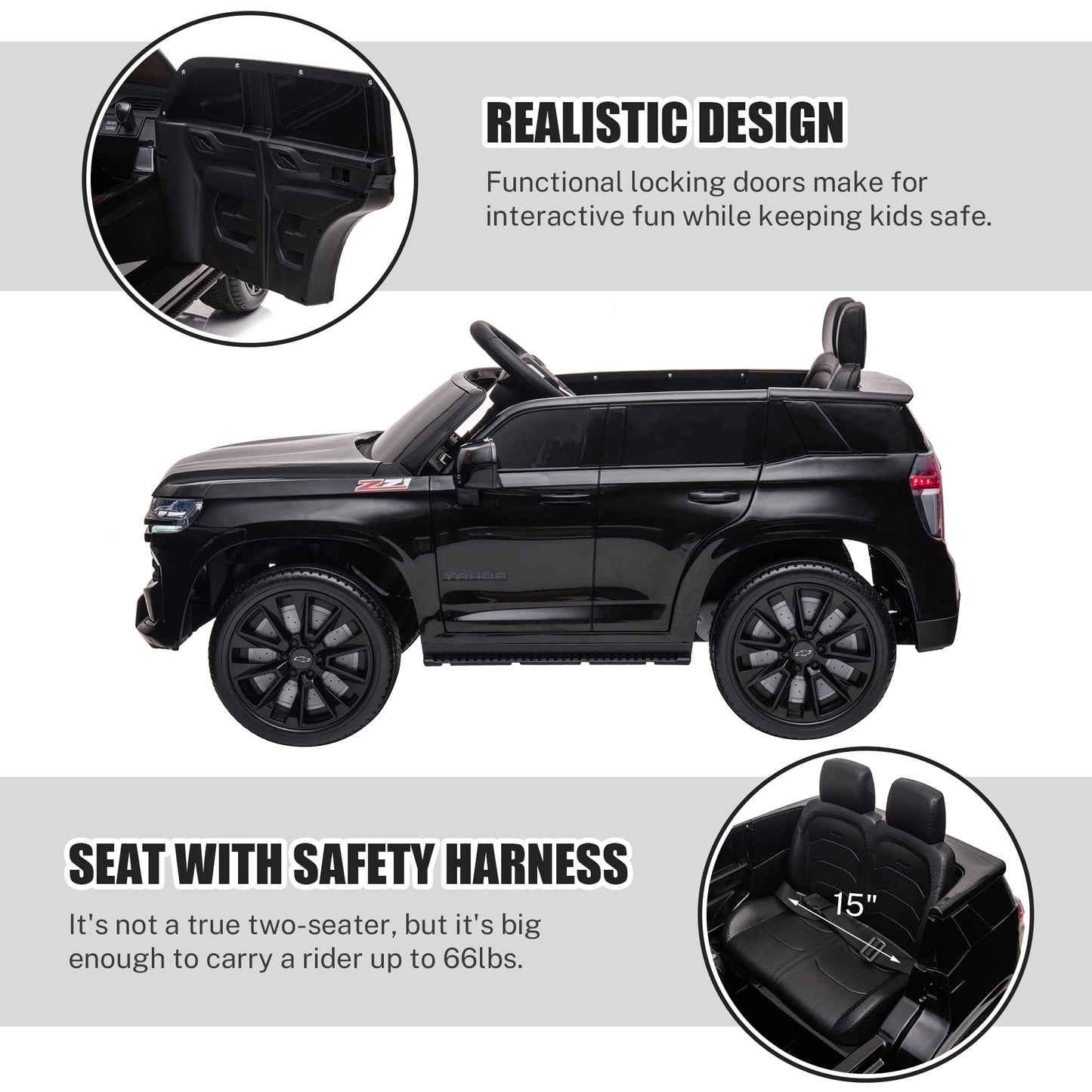 Enyopro Ride On Car For Kids, Licensed Chevrolet Tahoe Suv 12V7Ah Battery Powered Ride On Toy Car, Kids Boys Girls Electric Car With Remote Control, Led Lights, Bluetooth Music, Horn, 3 Speeds (Black)