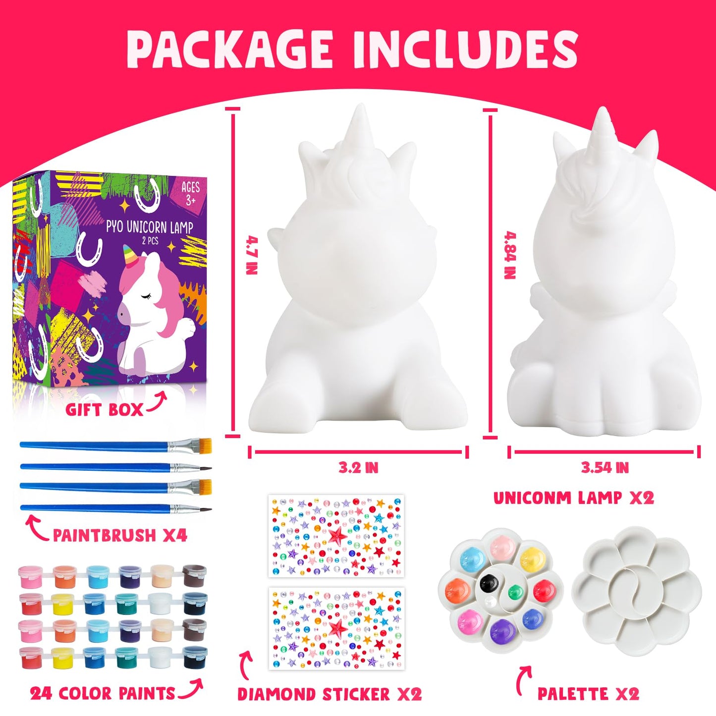 Paint Your Own Unicorn Lamp Kit 2pcs,DIY Unicorn Crafts Night Light, Arts & Crafts for Kids Ages 8-12, Painting Kit for Girls Bo