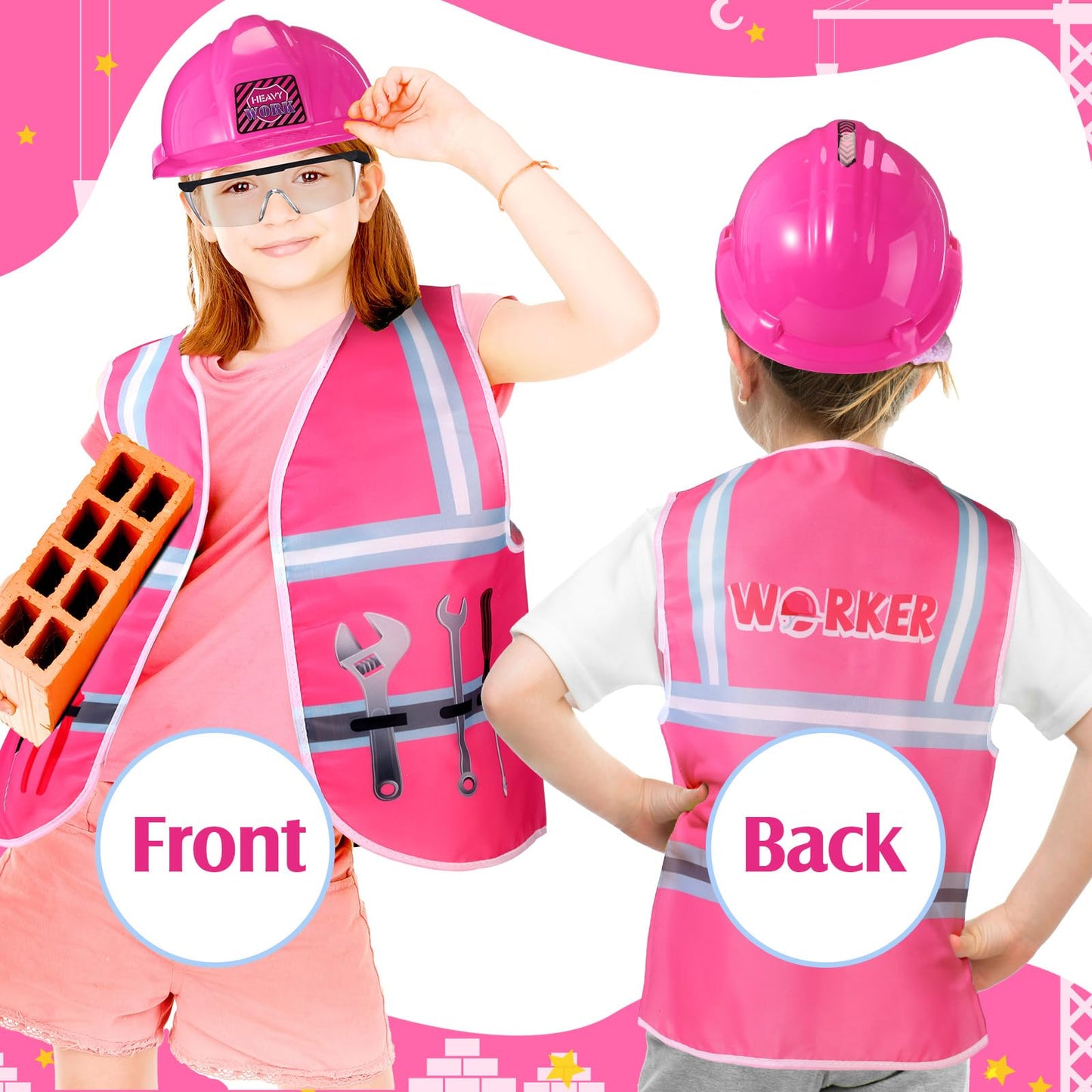 Handepo Construction Worker Costume Kids Hard Hat Construction Vest Goggles Toddler Dress Up Set Birthday Party Girls Boys(Pink,