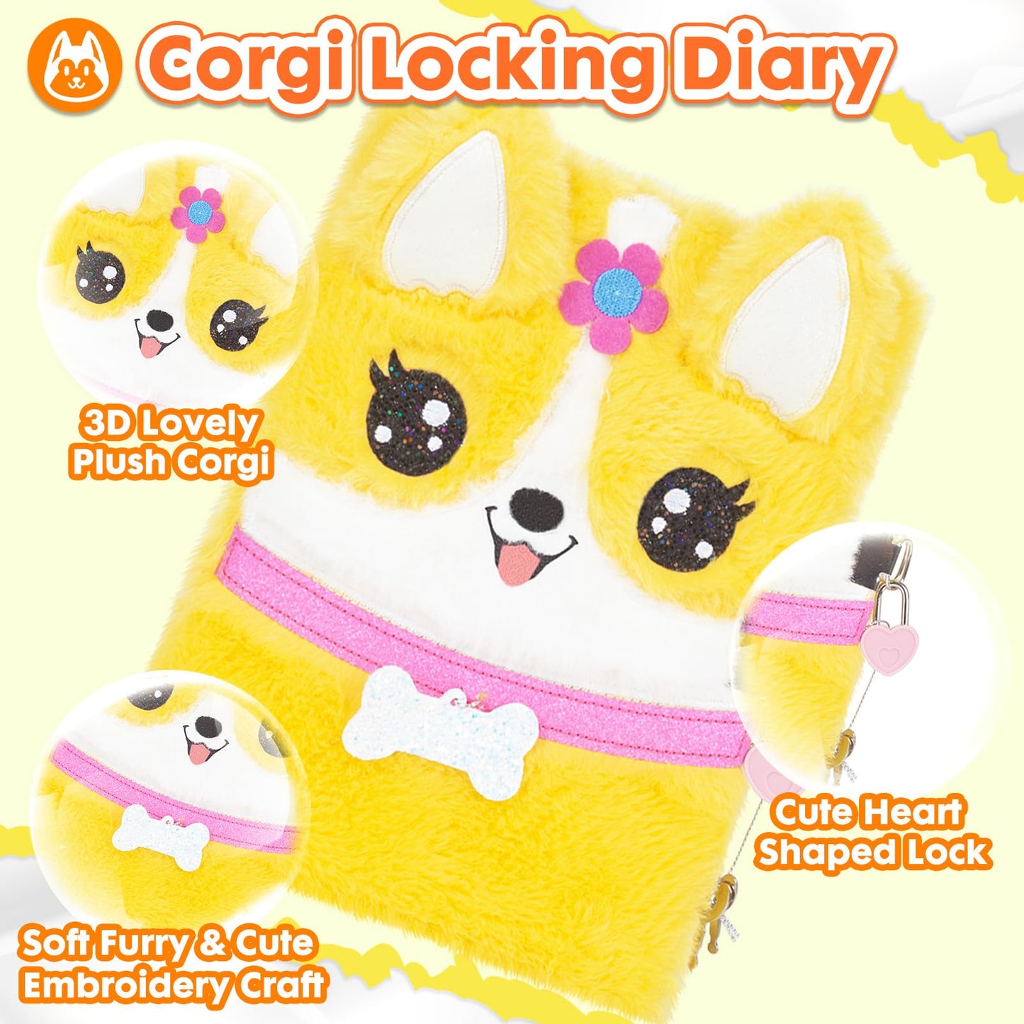Corgi Dog Diary for Girls with Lock, Plush Corgi Toys Gift for Teen Girls, Kids Corgi Writing Journal Notebook, Birthday Gifts f