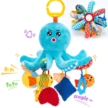 Hahaland Baby Toys 0-6 Months - Octopus Toy With Pulling Cords, Squeaky, Crinkle, Rattle, Mirror - Montessori Toys Developmental Newborn Sensory Toy 2 3 4 Month Babies Gifts Easter Basket Stuffers