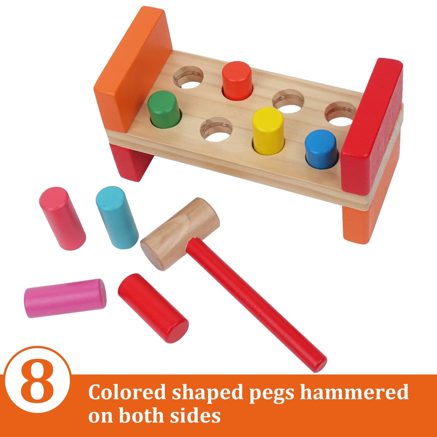 Hidoggy Wooden Hammer Toy For Toddlers 1-3, Montessori Pounding Bench Toy With 8 Pegs And Mallet For Hand-Eye Coordination, Stea