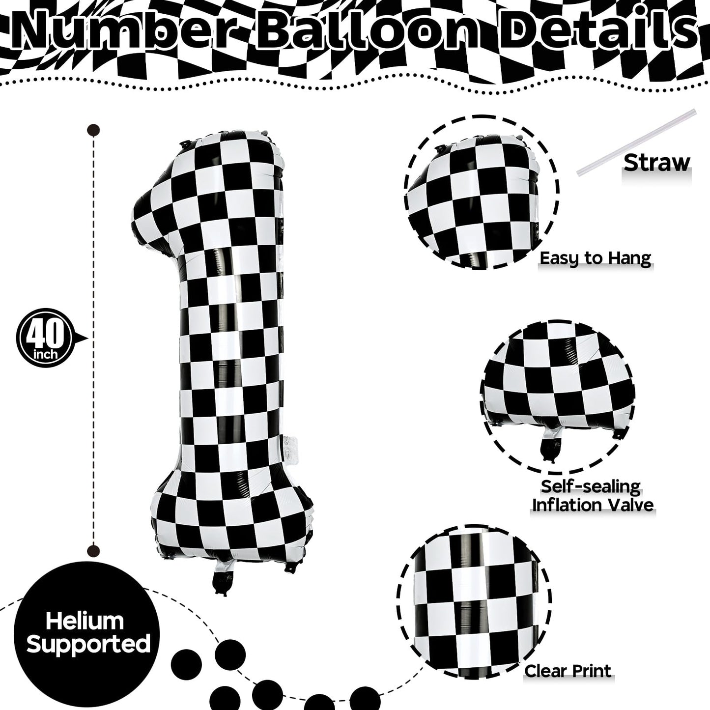 Checkered Number Balloon 1, Large Self Inflating Black And White Number 1 Balloon Decor, 40 Inch Helium Foil 1 Racing Balloons F