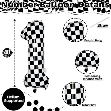 Checkered Number Balloon 1, Large Self Inflating Black And White Number 1 Balloon Decor, 40 Inch Helium Foil 1 Racing Balloons F