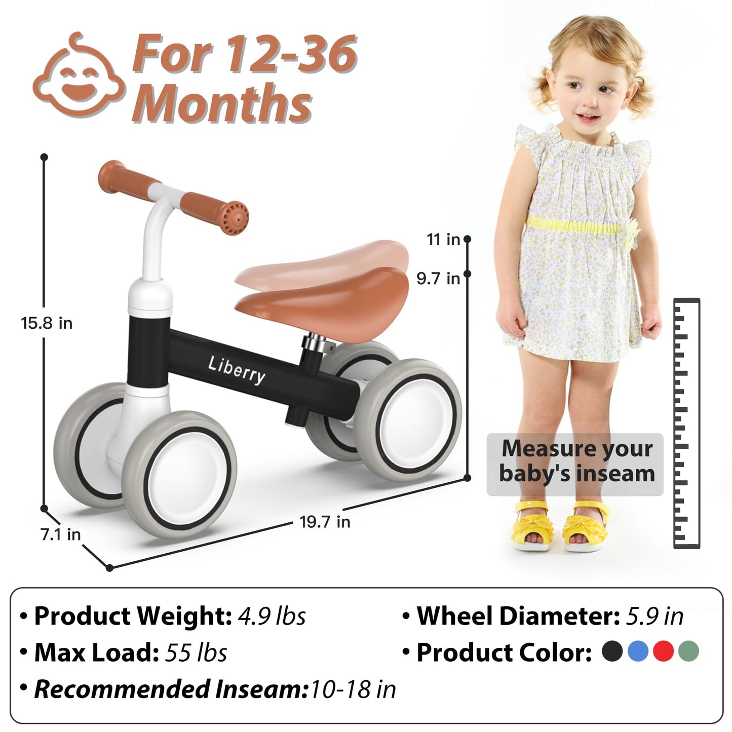 Liberry Baby Balance Bike For 1 Year Old Boys, 4 Wheels Toddler Balance Bike With Adjustable Seat, 12-24 Months Infant'S First Birthday Gift (Black)