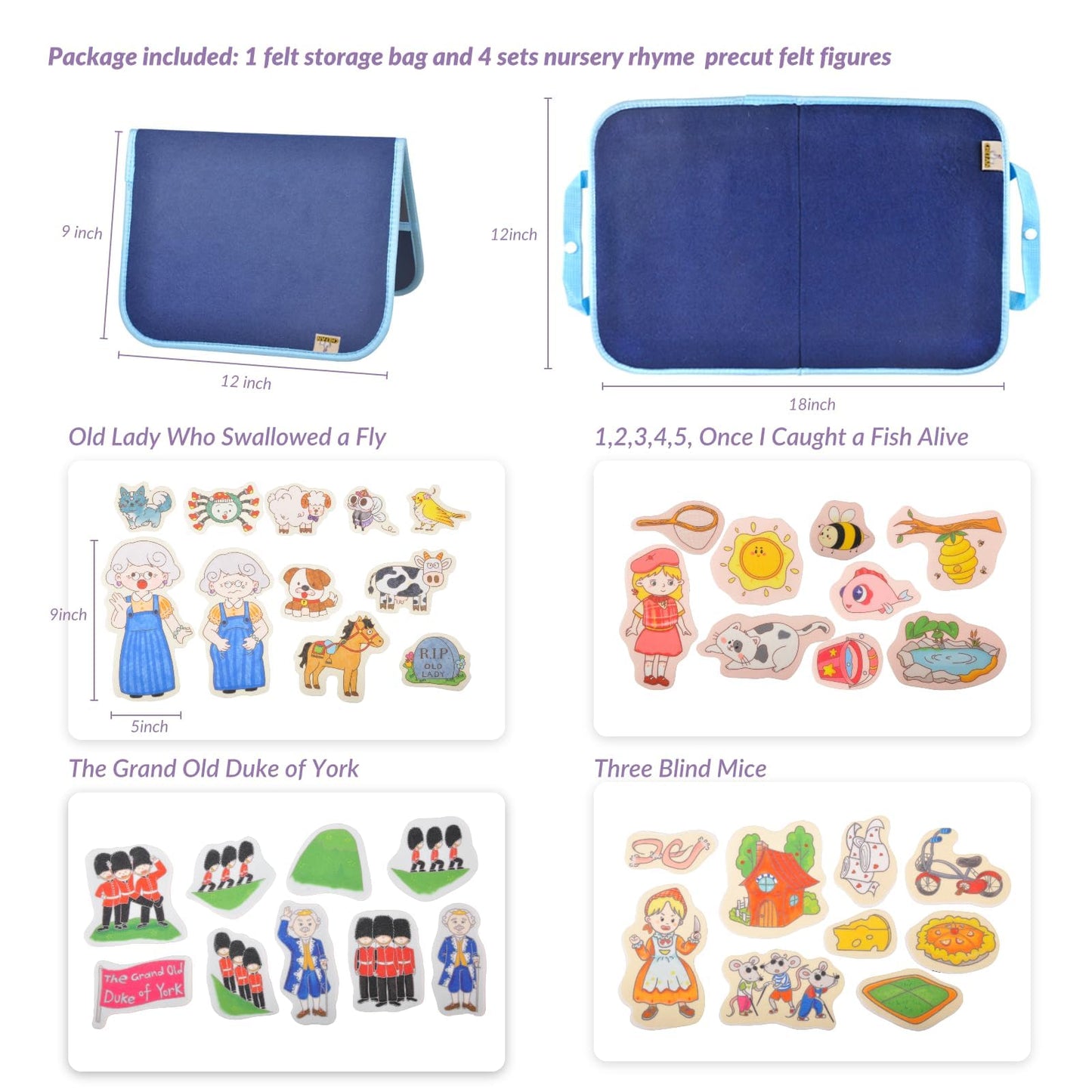 CHEFAN Felt/Flannel Board Story Set of 4, PRECUT Felt Pieces for Preschool Toddlers Circle Time,Old Lady Who Swallowed a Fly,The