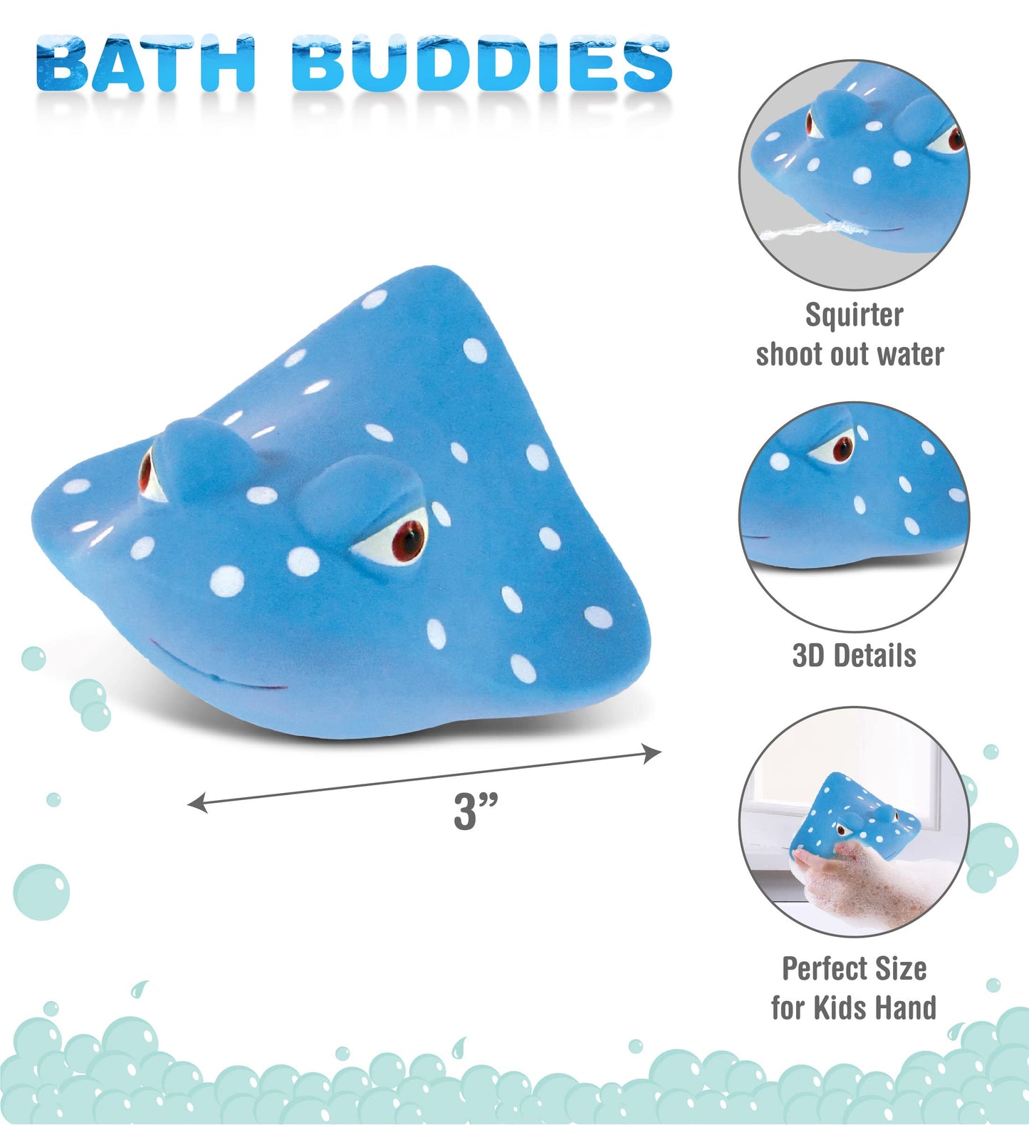 Dollibu Manta Ray Bath Buddy Squirter - Floating Blue Manta Ray Rubber Bath Toy, Fun Water Squirting Bathtime Play For Toddlers, Soft Sea Life Animal Toy For The Bathtub, Beach & Pool For Girls & Boys