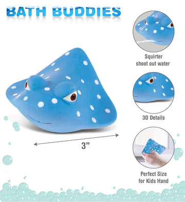 Dollibu Manta Ray Bath Buddy Squirter - Floating Blue Manta Ray Rubber Bath Toy, Fun Water Squirting Bathtime Play For Toddlers, Soft Sea Life Animal Toy For The Bathtub, Beach & Pool For Girls & Boys