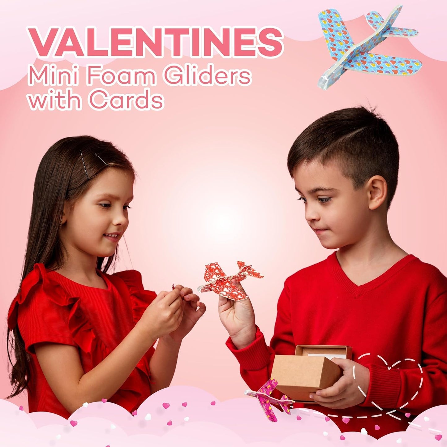 4Es Novelty 36 Pack Valentines Day Foam Airplanes Gliders with Valentines Cards for Kids Boys Girls, Individually Wrapped, Clas
