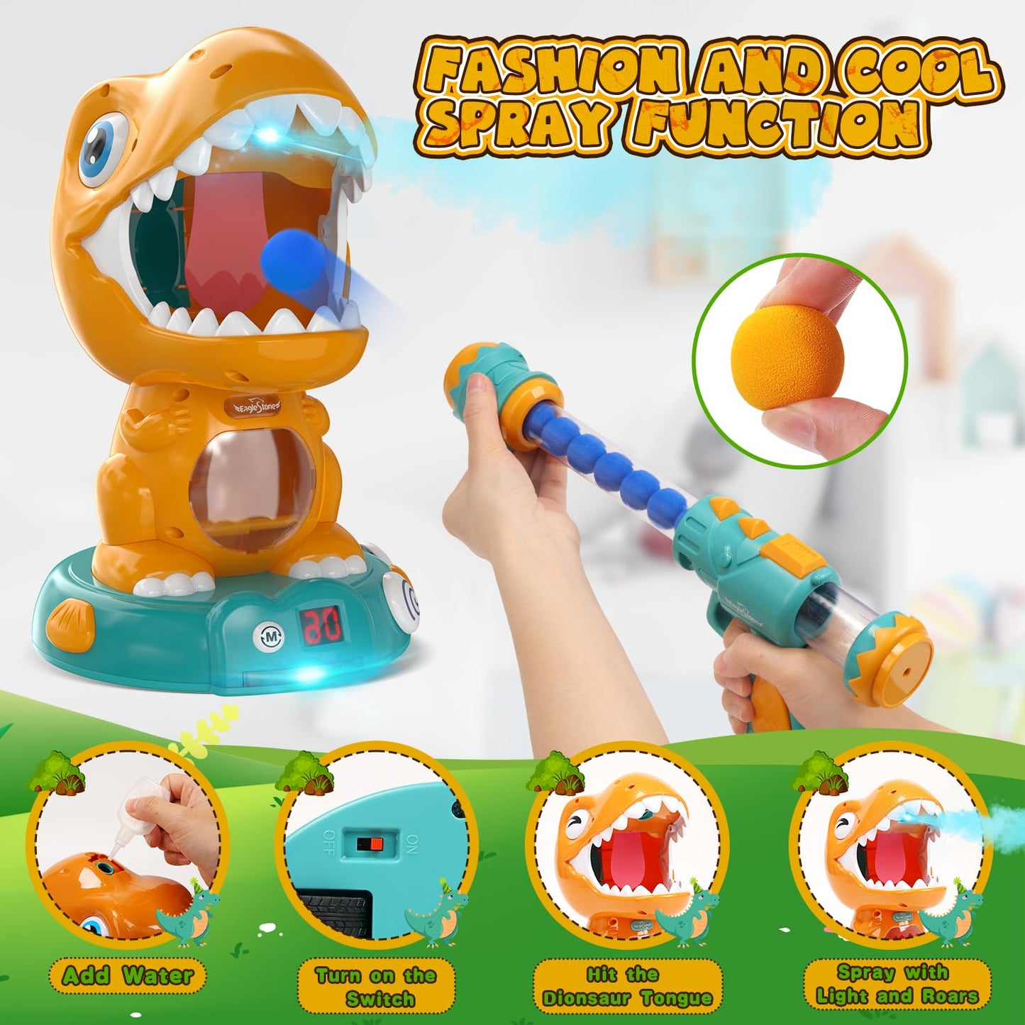 Eaglestone Remote Control Dinosaur Shooting Toys For Kids 3-5 5-7 8-12, Electronic Dino Shooting Target Game With Spay, Auto Scoring, Light &Roar, 3 4 5 6 7 Year Old Boy Birthday Gift Party Favor