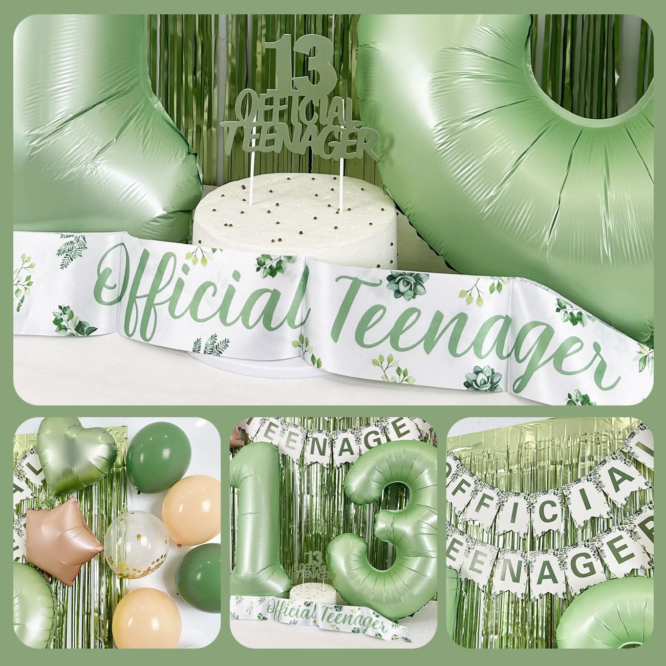 Sage Green 13th Birthday Decorations Kit - Official Teenager Banner, Cake Topper, Green Balloons, Party Supplies for 13 Years Ol