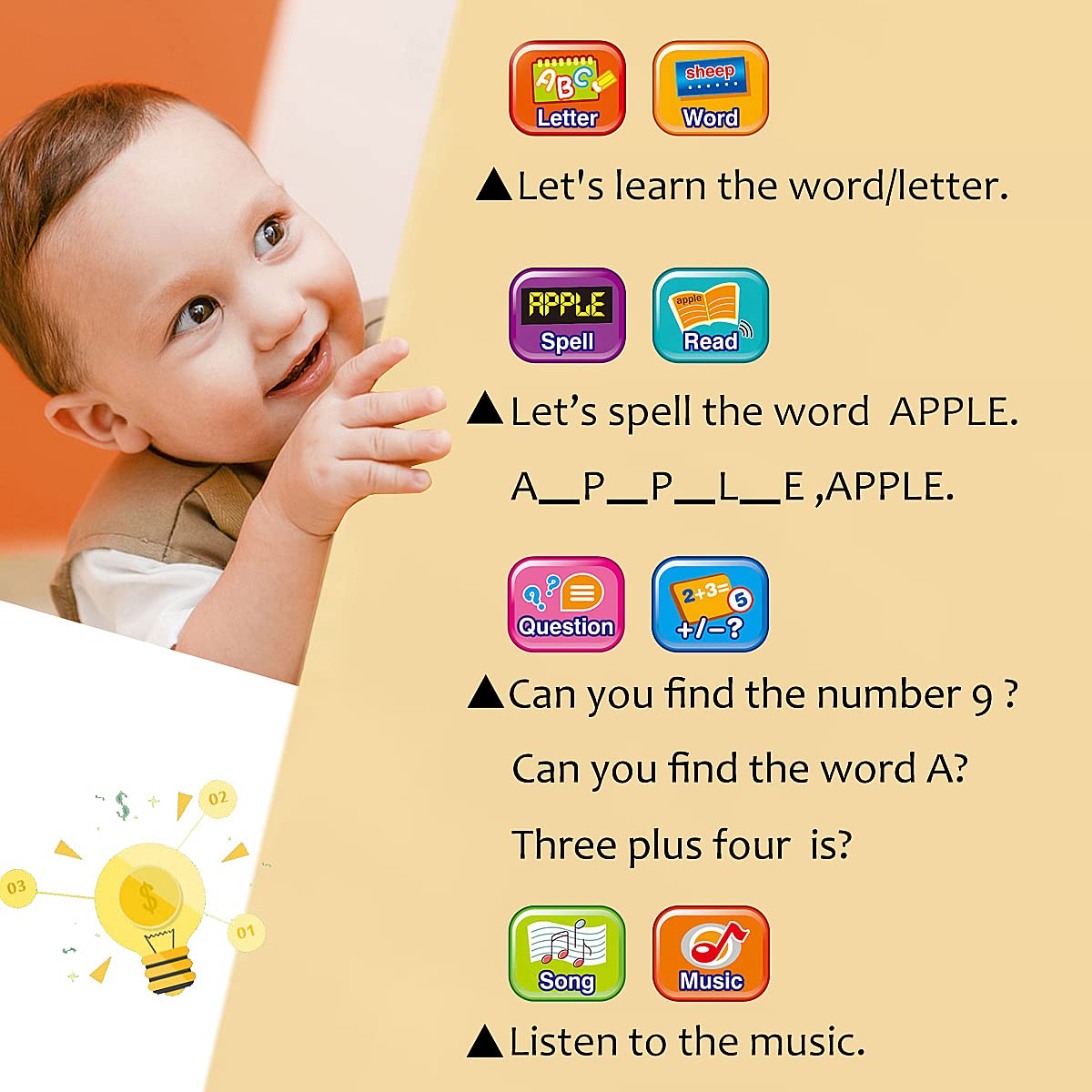 Kids Tablet Toddler Learning Pad With Led Screen Teach Alphabet Numbers Word Music Math Early Development Interactive Electronic