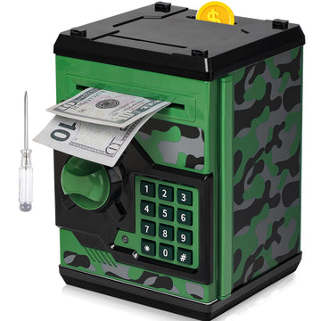 Atm Piggy Bank For Boys Girls, Vcertcpl Mini Atm Coin Bank Money Saving Box With Password, Kids Safe Money Jar For Adults With Auto Grab Bill Slot, Great Gift Toy Bank For Kids (Camouflage Greengray)