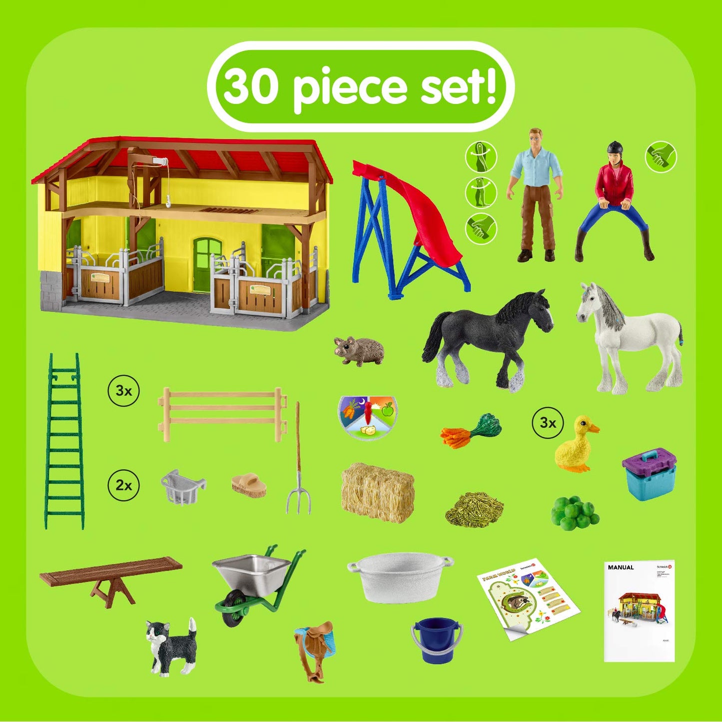 Schleich Farm World, 30-Piece Playset, Farm Toys And Farm Animals For Kids Ages 3-8, Horse Stable 10.5 X 49 X 34.5 Cm
