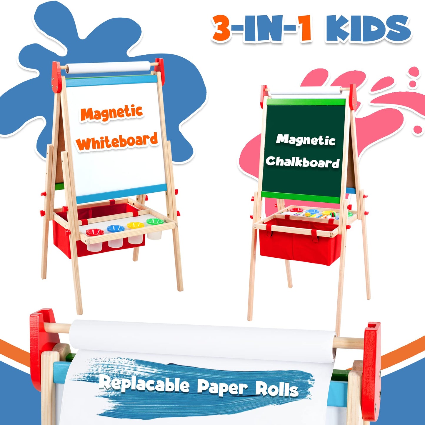 Kids Easel Including 100+ Accessories, Double Sided Wooden Easel for Kids - Magnetic Chalkboard & Painting Board & 2 Paper Rolls