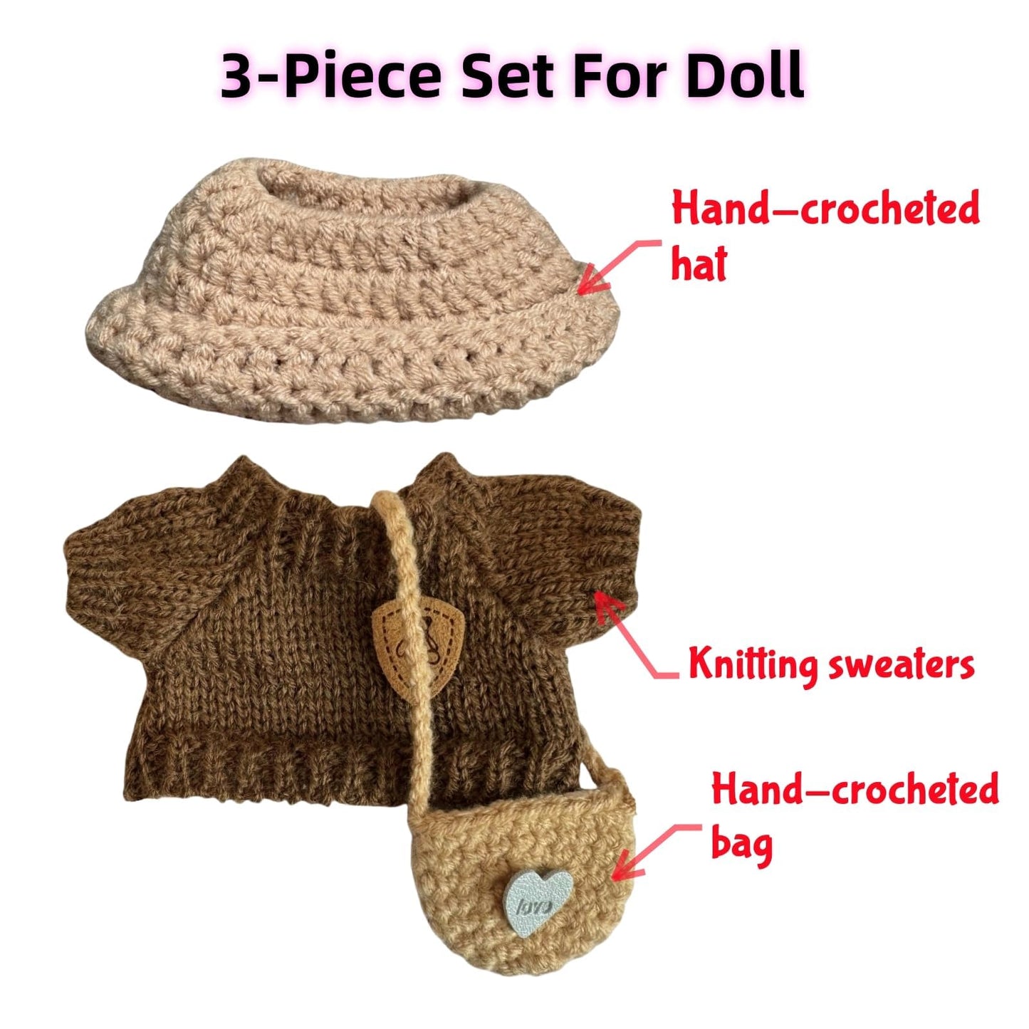 Clothes for Labubu(NO Doll)  15cm/17cm Doll Accessories Suit  Handcrafted Crochet 3-Piece Set enhanced Outfit with Accessories for   Stylish Clothes for Dolls  Play & Collector