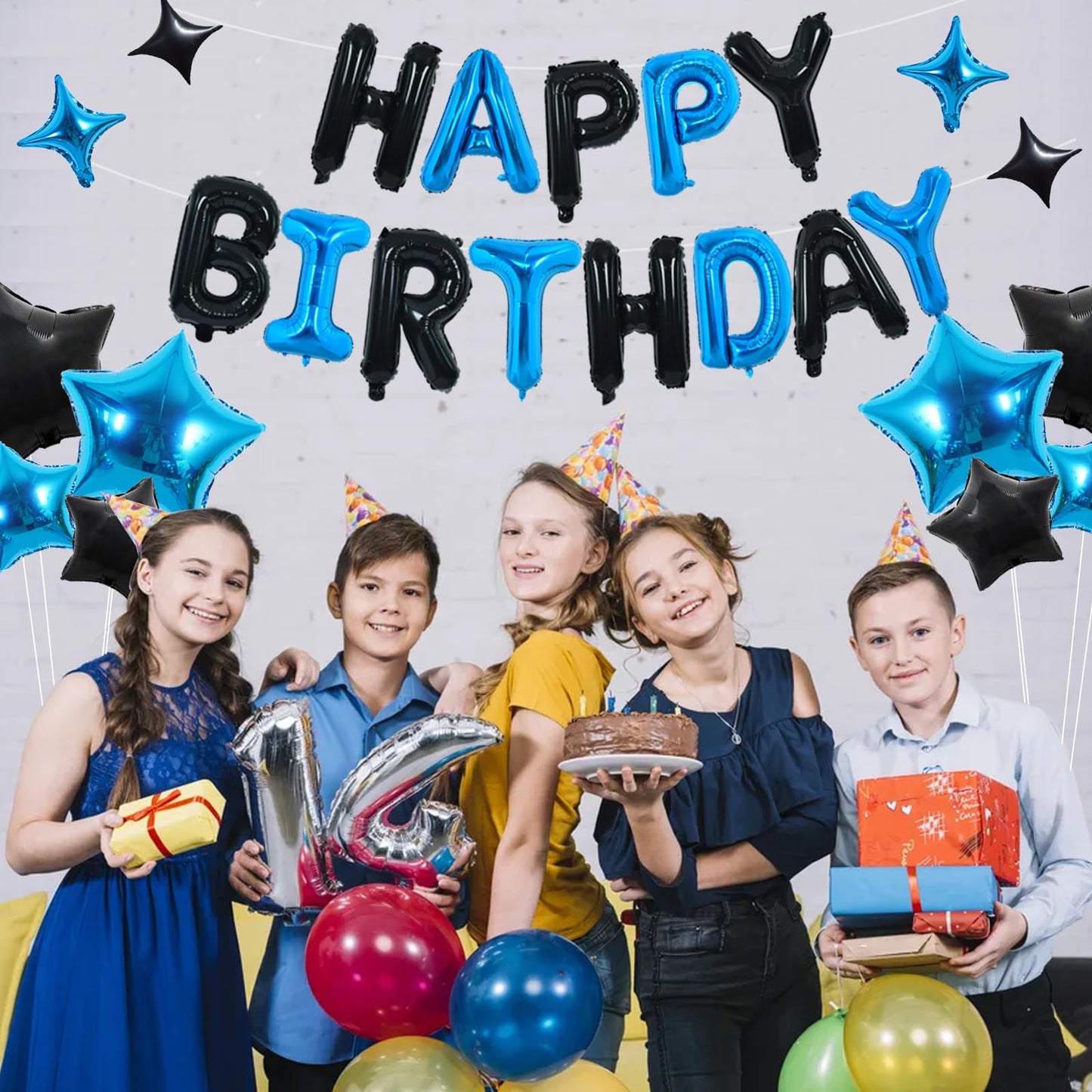 TONIFUL 35PCS Black Blue Birthday Decorations Kit - 16 Inch Happy Birthday Balloon Banner & Star Balloons for All Ages